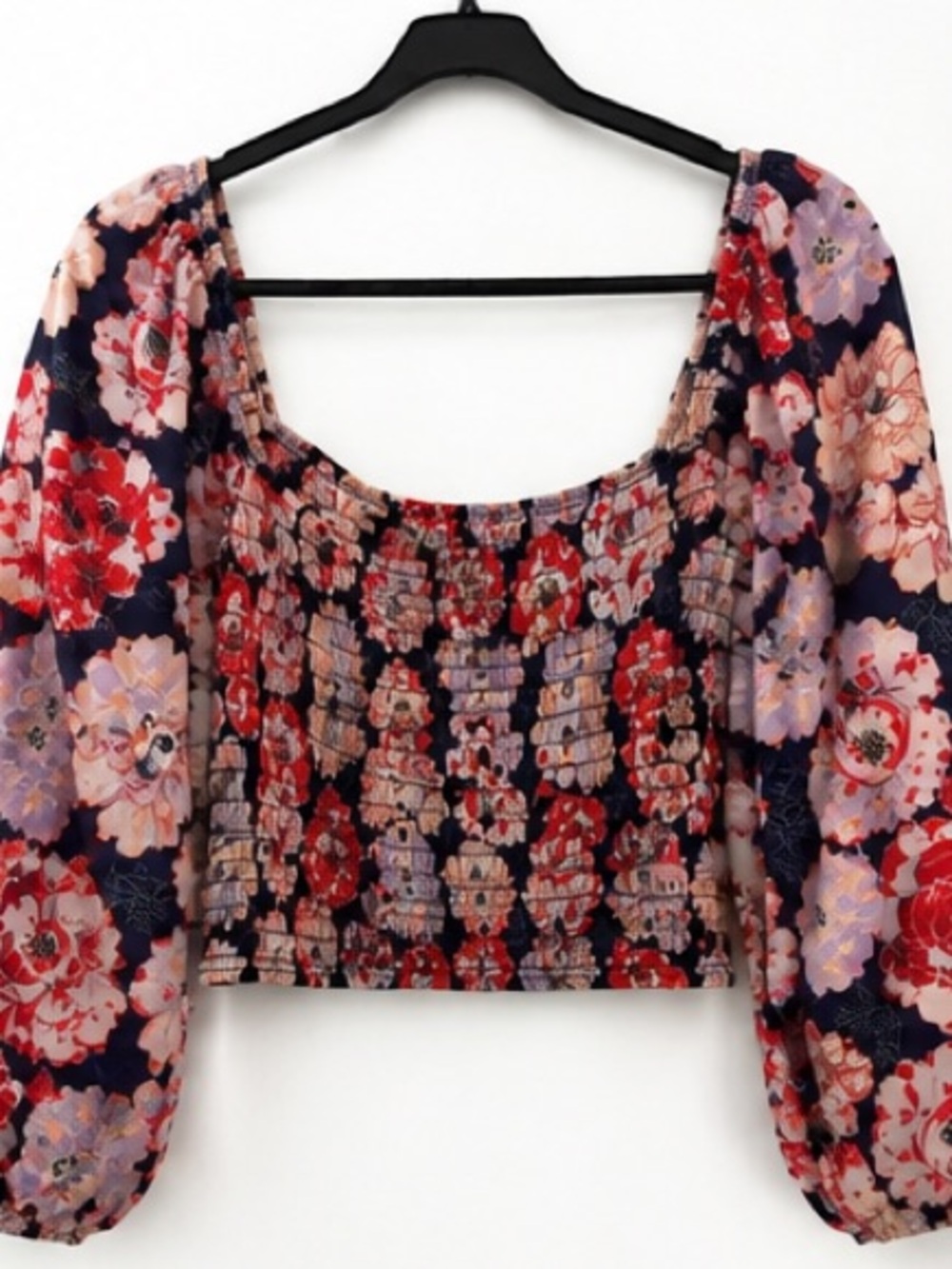 Sienna Sky Navy, Red & Blush Floral Smocked Crop Top